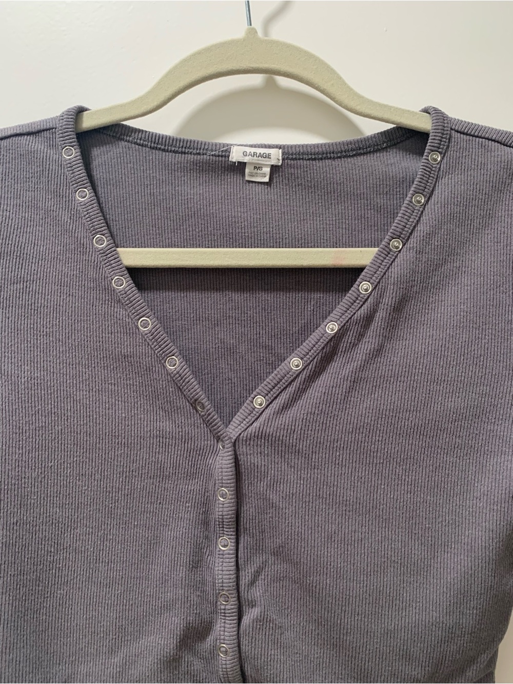 Garage Grey Ribbed V-Neck Snap-Front Sweater